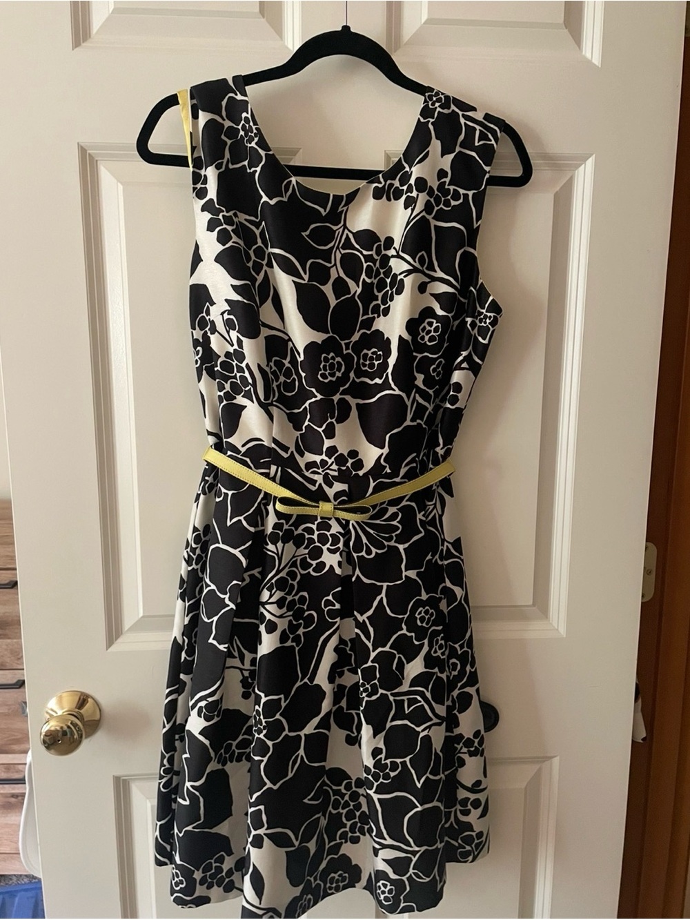 The Limited Black & White Floral Sleeveless Midi Dress with Yellow Belt